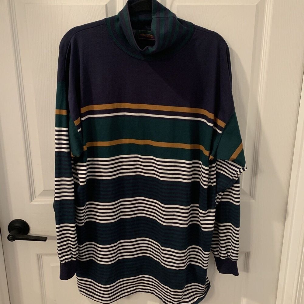 Vintage 90's Hunting Horn Long‎ Sleeve Mock Neck Shirt Colorblock Striped XL